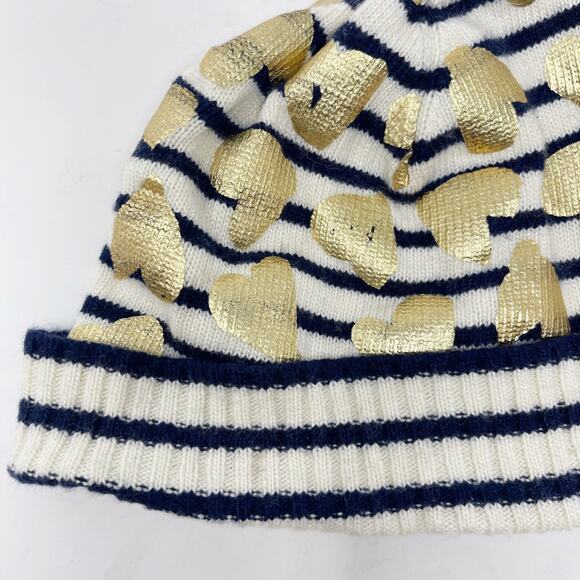 Crewcuts Girls S/M Cream Blue Gold Foil Striped Leopard Beanie Hat Wool Cashmere - Picture 4 of 8